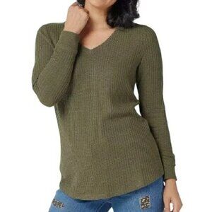 Belle by Kim Gravel Waffle Knit V Neck Top Smile Hem Womens XS Olive Green NEW